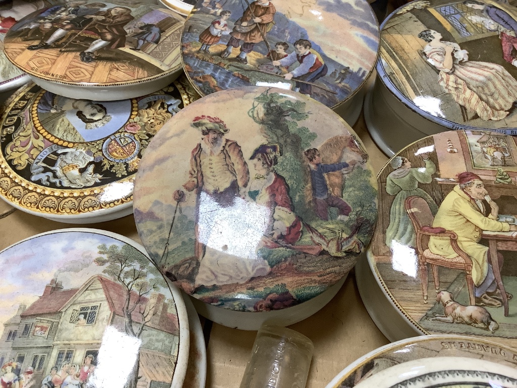 A collection of Prattware pot lids and bases (approx 19)